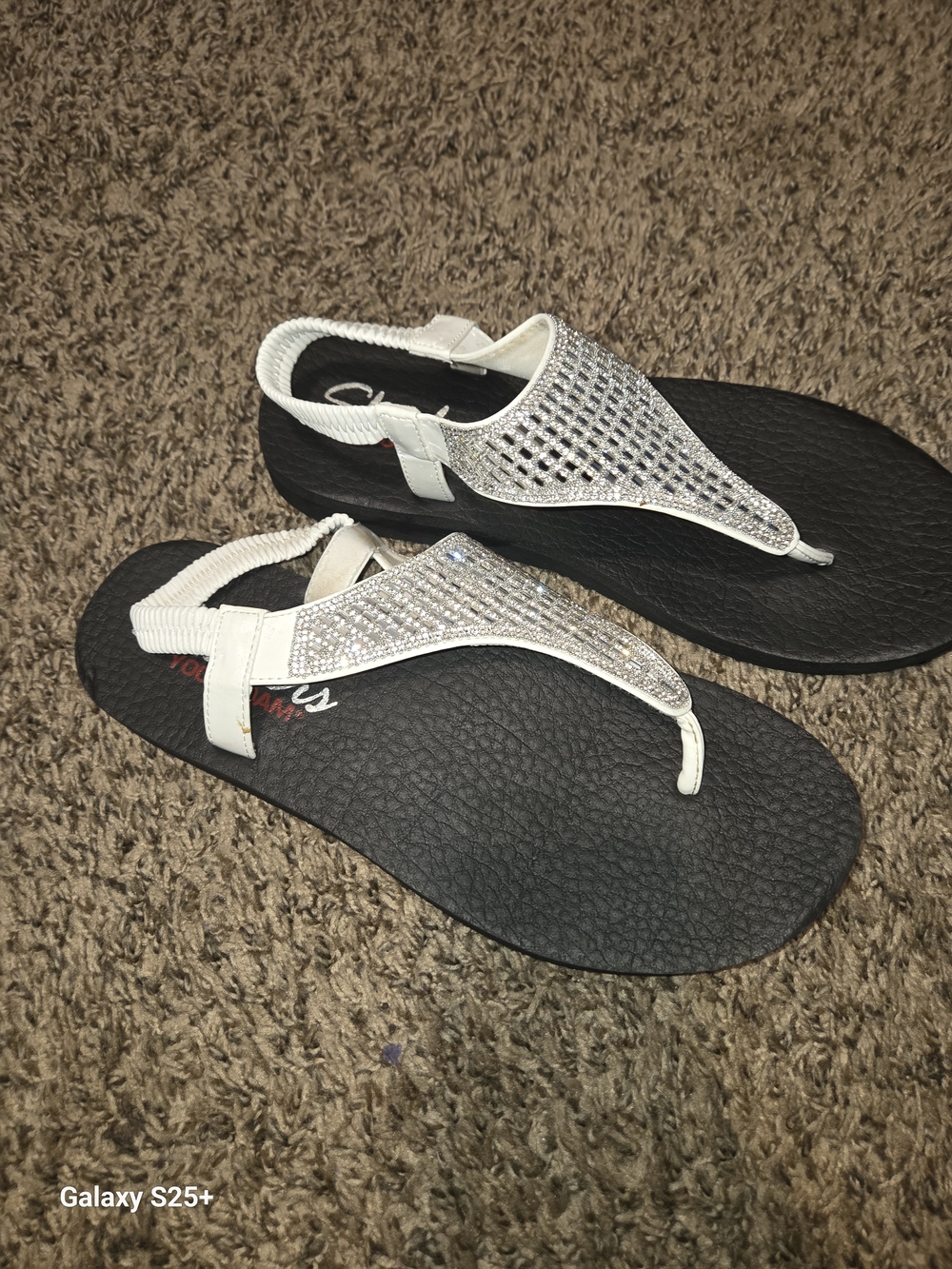 Sketchers Women's White Rhinestone T-Strap Sandals with Black Footbed